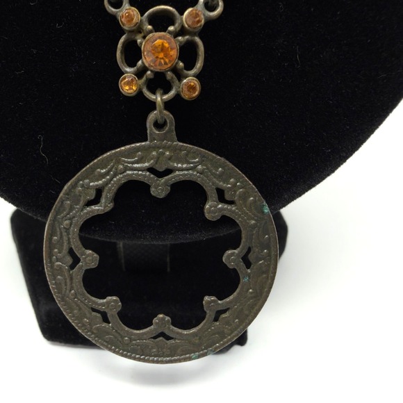 Vintage NY Pendant Beaded Necklace Amber Crystal Boho 10.5 Inch - Picture 4 of 7